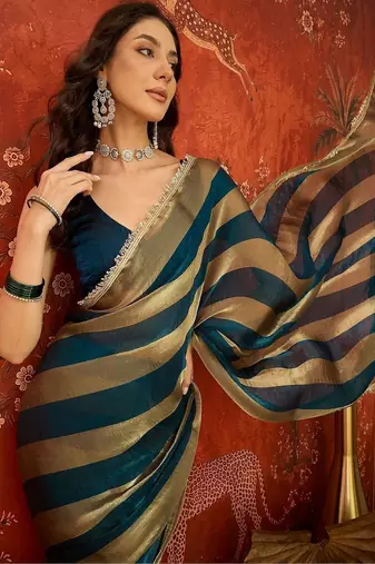 Teal striped zari tissue designer leheriya saree