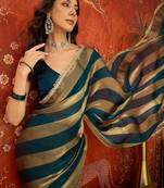 Teal striped zari tissue designer leheriya saree