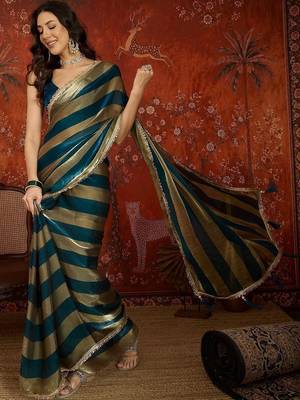 Teal striped zari tissue designer leheriya saree 2