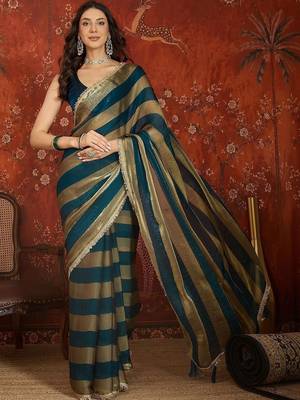 Teal striped zari tissue designer leheriya saree 3