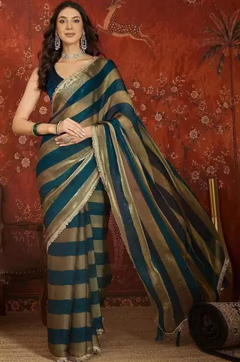 Teal striped zari tissue designer leheriya saree