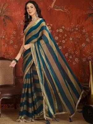 Teal striped zari tissue designer leheriya saree 4