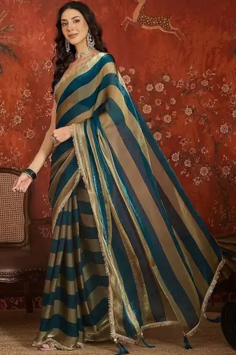 Teal striped zari tissue designer leheriya saree