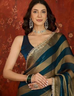 Teal striped zari tissue designer leheriya saree 5
