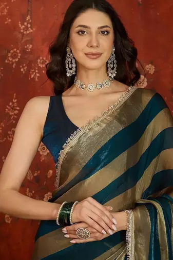 Teal striped zari tissue designer leheriya saree