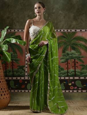 Green embellished embroidered laheriya printed georgette ready to wear saree 1