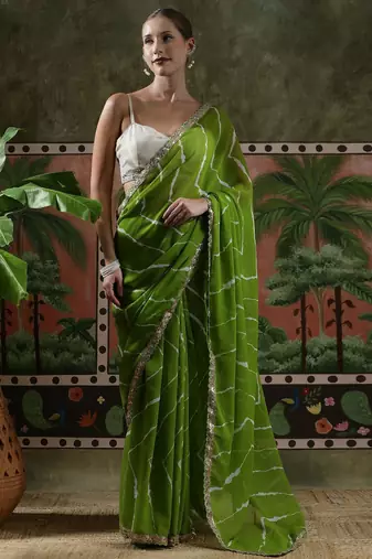 Green embellished embroidered laheriya printed georgette ready to wear saree
