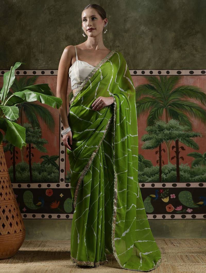 Green embellished embroidered laheriya printed georgette ready to wear saree