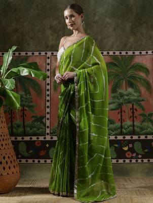 Green embellished embroidered laheriya printed georgette ready to wear saree 2