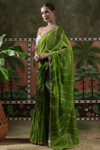 Green embellished embroidered laheriya printed georgette ready to wear saree