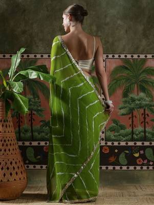 Green embellished embroidered laheriya printed georgette ready to wear saree 3
