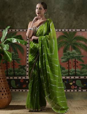 Green embellished embroidered laheriya printed georgette ready to wear saree 4