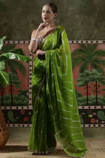 Green embellished embroidered laheriya printed georgette ready to wear saree