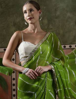 Green embellished embroidered laheriya printed georgette ready to wear saree 5