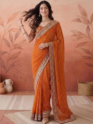 Orange sequin embroidered bandhani printed sarees with unstitched blouse piece 1