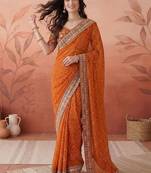 Orange sequin embroidered bandhani printed sarees with unstitched blouse piece