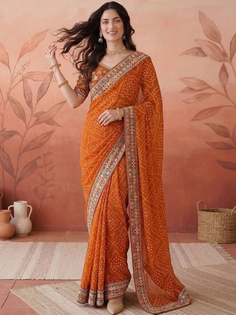 Orange sequin embroidered bandhani printed sarees with unstitched blouse piece