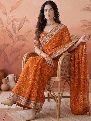 Orange sequin embroidered bandhani printed sarees with unstitched blouse piece 2