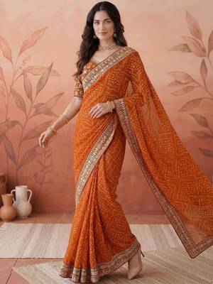 Orange sequin embroidered bandhani printed sarees with unstitched blouse piece 3