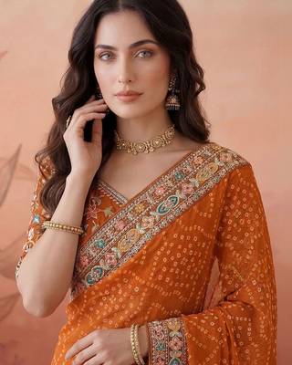 Orange sequin embroidered bandhani printed sarees with unstitched blouse piece 4