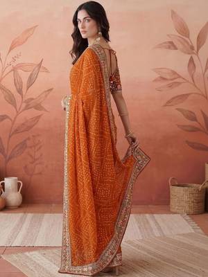 Orange sequin embroidered bandhani printed sarees with unstitched blouse piece 5