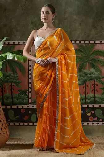 Yellow embellished embroidered laheriya printed georgette ready to wear saree