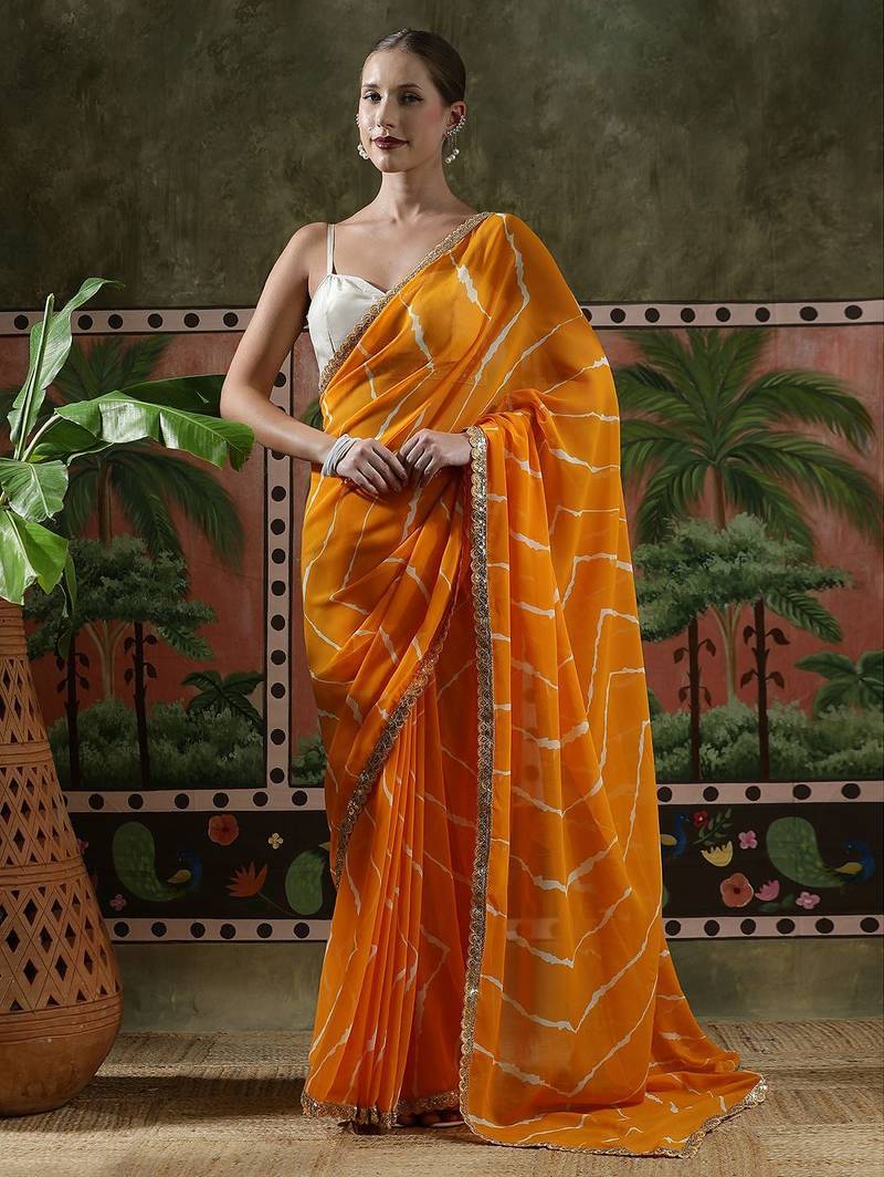 Yellow embellished embroidered laheriya printed georgette ready to wear saree