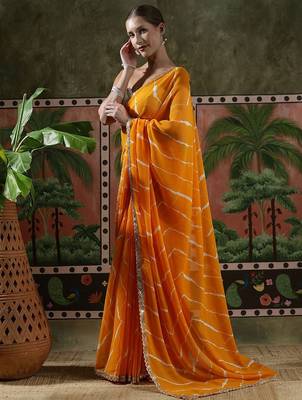 Yellow embellished embroidered laheriya printed georgette ready to wear saree 2