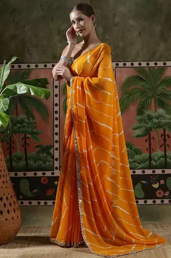 Yellow embellished embroidered laheriya printed georgette ready to wear saree