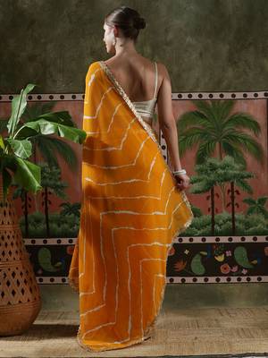 Yellow embellished embroidered laheriya printed georgette ready to wear saree 3
