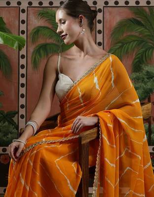 Yellow embellished embroidered laheriya printed georgette ready to wear saree 5