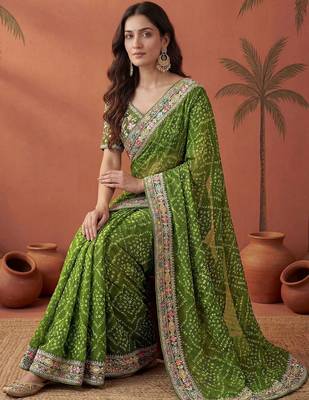 Green bandhani printed festive wear sarees with unstitched blouse piece 1