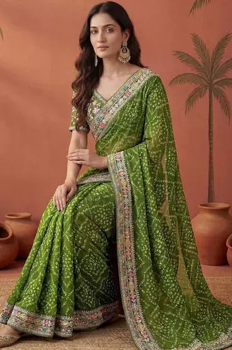 Green bandhani printed festive wear sarees with unstitched blouse piece