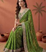 Green bandhani printed festive wear sarees with unstitched blouse piece