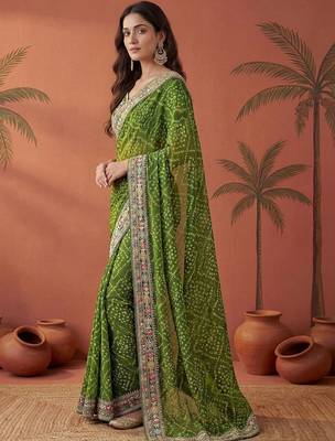 Green bandhani printed festive wear sarees with unstitched blouse piece 2