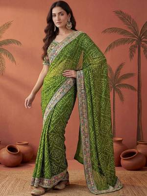 Green bandhani printed festive wear sarees with unstitched blouse piece 3