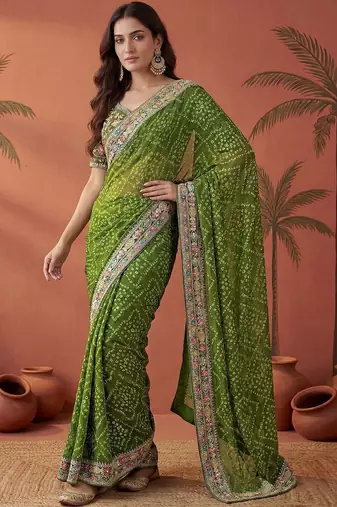Green bandhani printed festive wear sarees with unstitched blouse piece