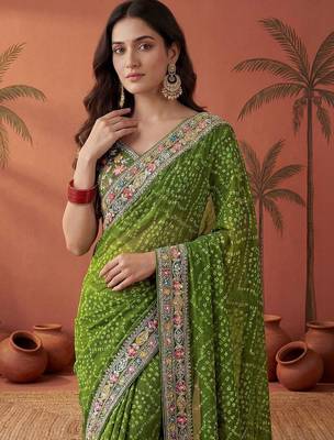 Green bandhani printed festive wear sarees with unstitched blouse piece 4