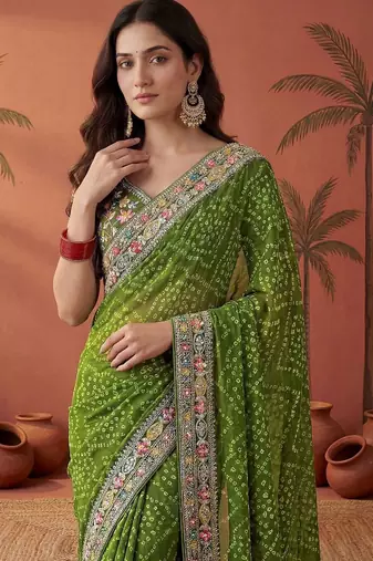 Green bandhani printed festive wear sarees with unstitched blouse piece