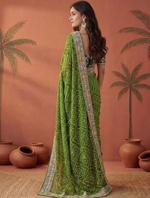 Green bandhani printed festive wear sarees with unstitched blouse piece 5