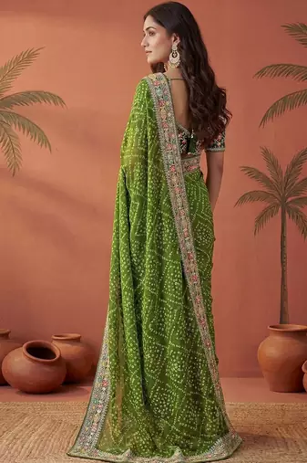 Green bandhani printed festive wear sarees with unstitched blouse piece