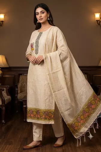 Cream muga cotton jamdani pichwai weaving salwar suit