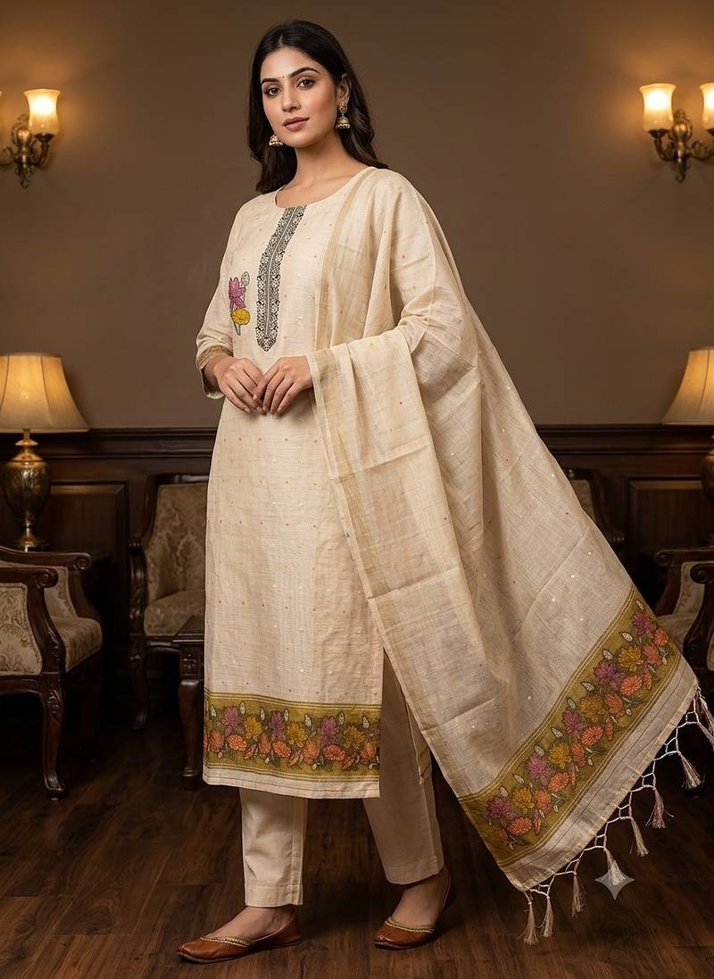 Cream muga cotton jamdani pichwai weaving salwar suit