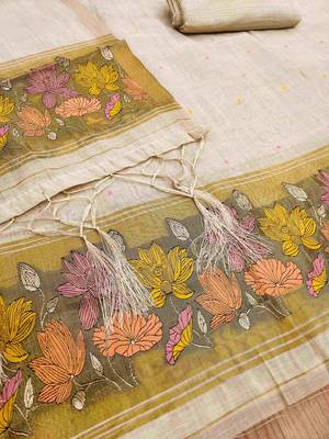 Cream muga cotton jamdani pichwai weaving salwar suit 3