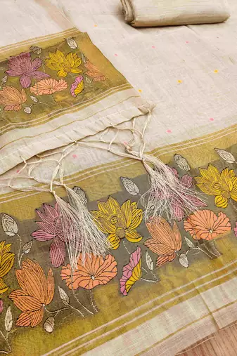 Cream muga cotton jamdani pichwai weaving salwar suit