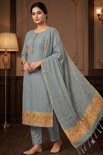 Grey muga cotton jamdani pichwai weaving salwar suit