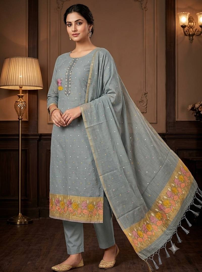 Grey muga cotton jamdani pichwai weaving salwar suit