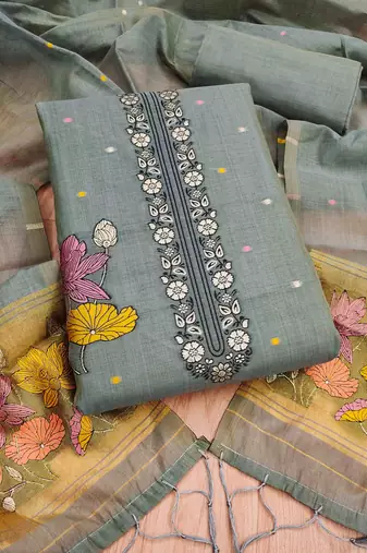 Grey muga cotton jamdani pichwai weaving salwar suit