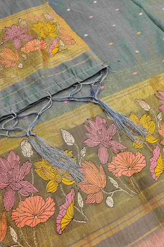 Grey muga cotton jamdani pichwai weaving salwar suit