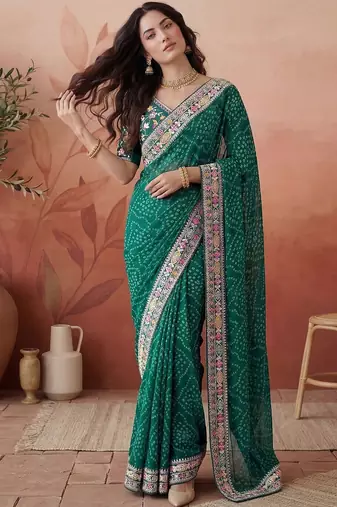 Green bandhani printed festive wear sarees with unstitched blouse piece